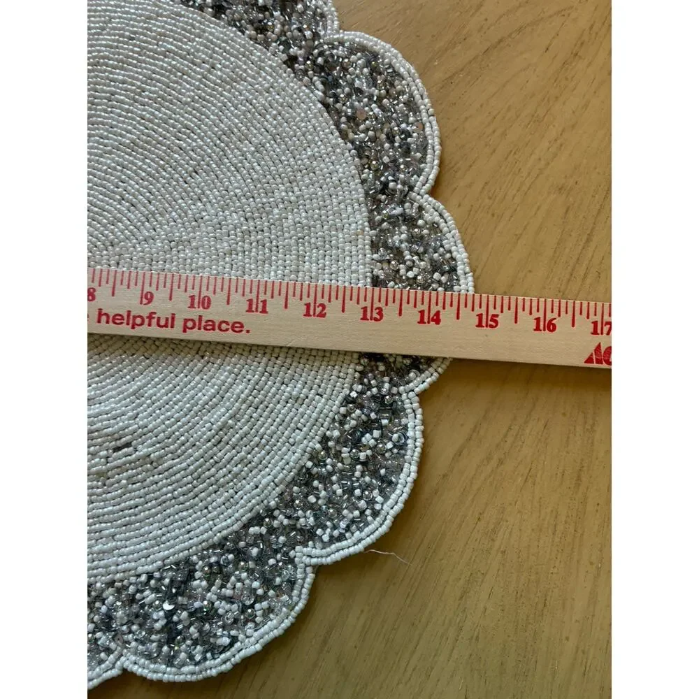 Tahari Heavily Beaded Round Placemat Silver Glass White Sequins Wedding Holiday